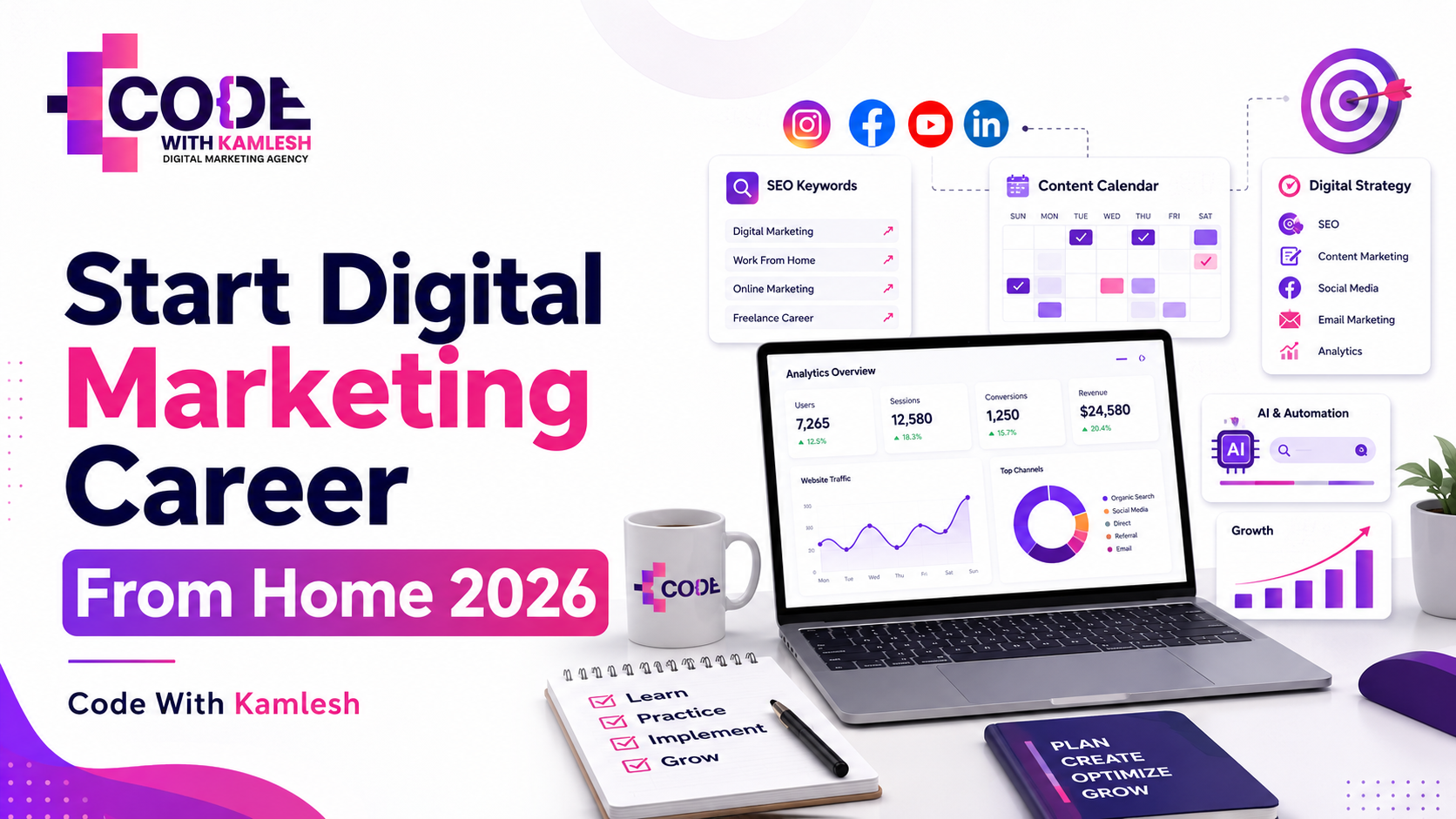 Digital marketing career from home in 2026 blog cover by Code With Kamlesh showing laptop, SEO keywords, content calendar, analytics, AI tools and growth graph.