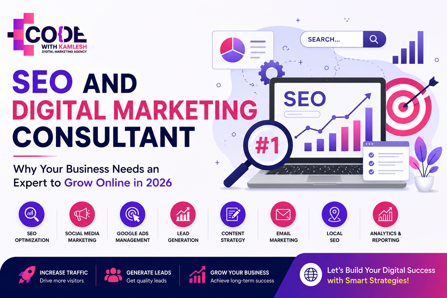 SEO and Digital Marketing Consultant services illustration showing search engine optimization, lead generation, content marketing, and online business growth by Code With Kamlesh.