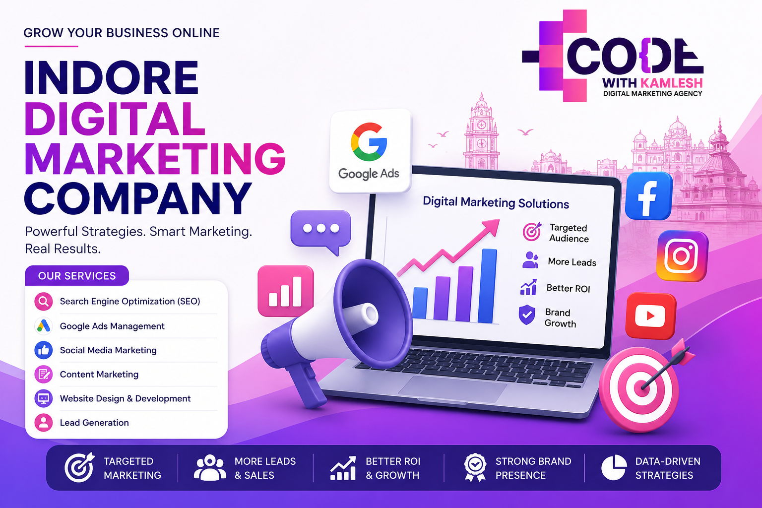 **Alt Text (SEO):**  Professional Indore Digital Marketing Company banner featuring Code With Kamlesh logo, SEO services, Google Ads management, social media marketing, lead generation, website development, and digital marketing solutions for business growth in Indore.