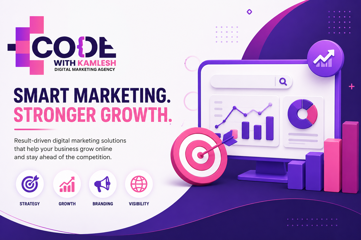 Code With Kamlesh digital marketing agency banner featuring company logo, growth dashboard, charts, target icon, and strategy, growth, branding, and visibility elements in a purple and pink theme.